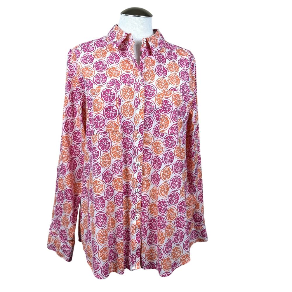 Women's Foxcroft Zoey Citrus Print Wrinkle Free Relaxed‎ Button Up Shirt sz 14